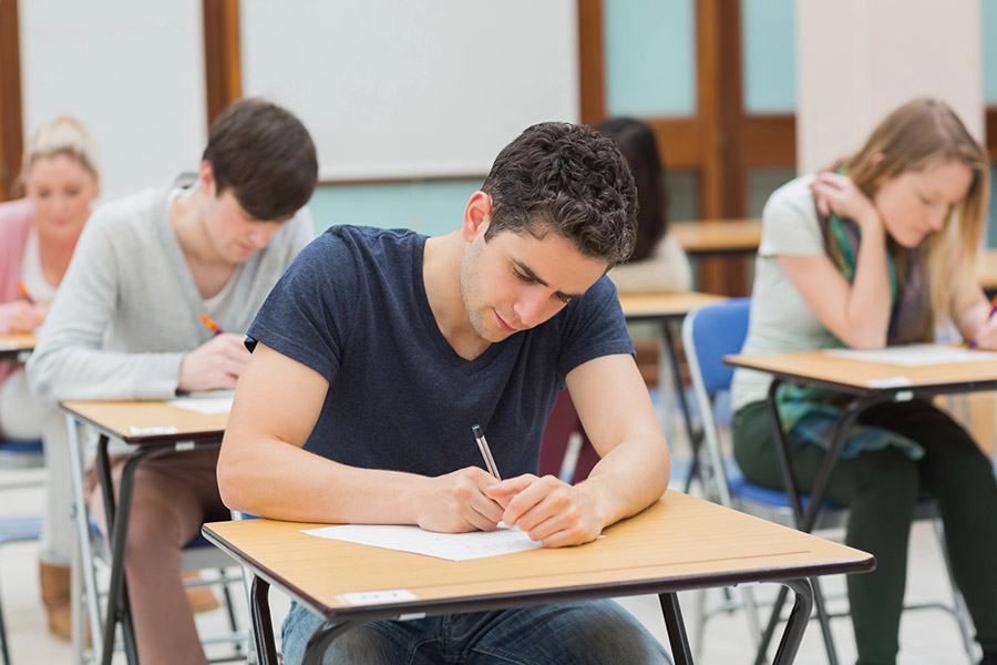 Students taking a test in a classroom in Santa Monica